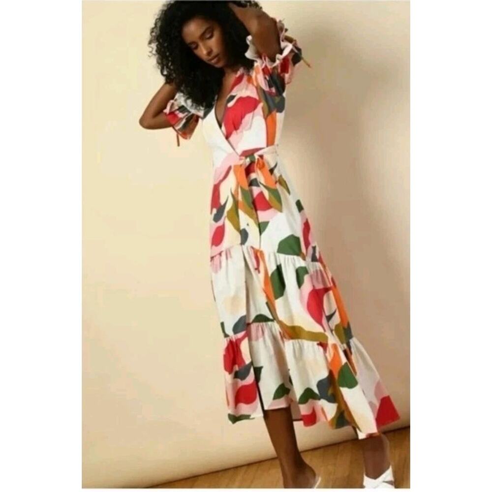 Hutch Womens Marisol Wrap Dress Tiered Puff Sleeve Midi Cotton Dress Size Small - Picture 4 of 11